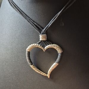 BRIGHTON 'Heritage Heart' Necklace Multi-Strand Black Cord Silver Plated 18"